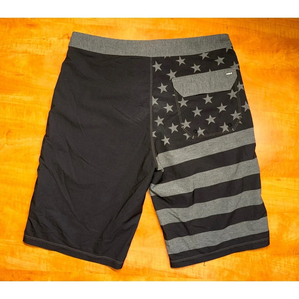 Hurley Buckle Mens‎ Board Shorts 30 American Flag Stars Stripes Black Gray Swim